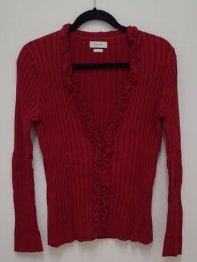 Van Heusen Red Ruffle-Trim Ribbed Cardigan